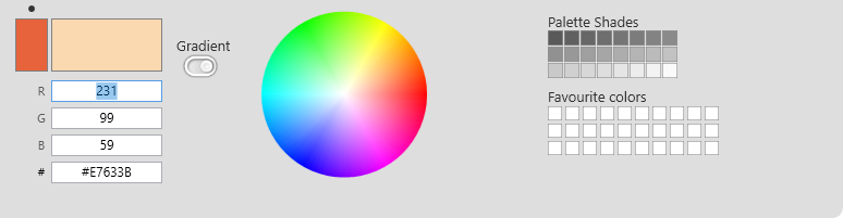 The color controls: color wheel, RGB panel with the Hex field, palette and favorite colors