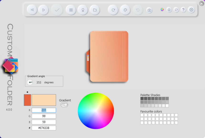 The full main window with its zones labeled: button bar, color controls, preview and palette