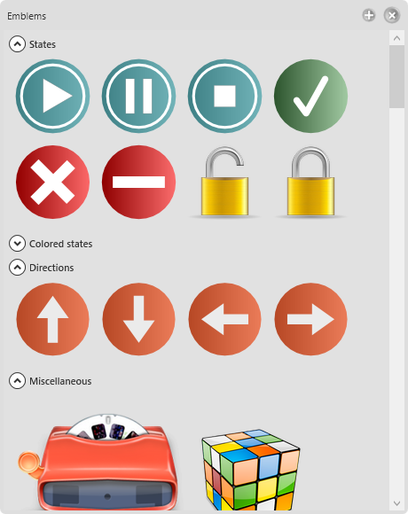The emblems panel showing its expandable categories