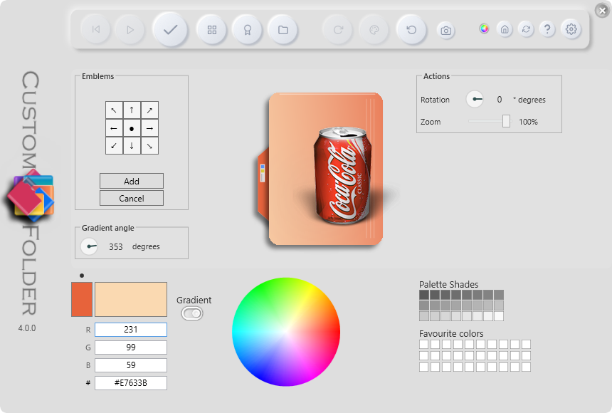 The emblem placement process: floating overlay, 3×3 grid and the Add button
