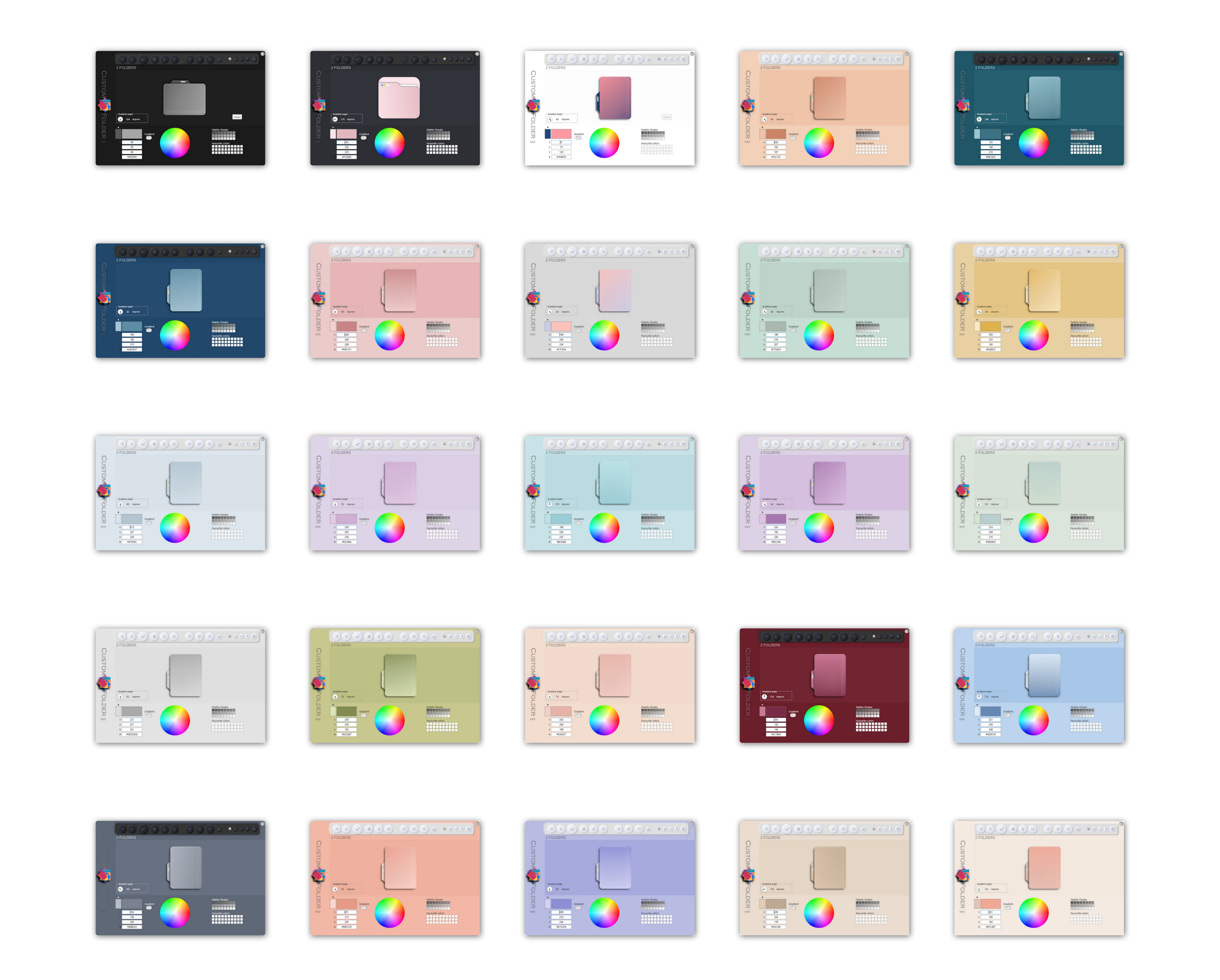 A sample of several color schemes applied to the window and the icon