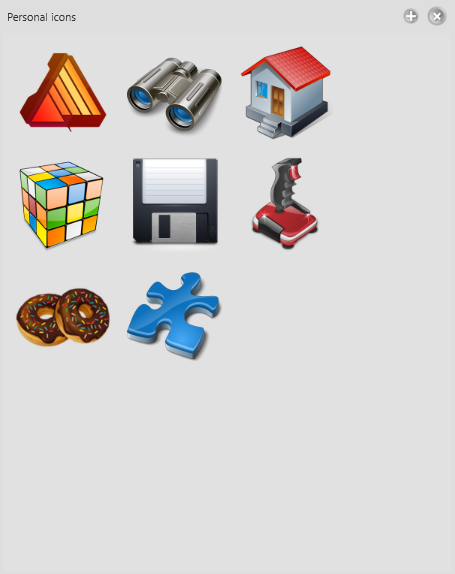 The personal icons panel, showing several icons and the × button on hover