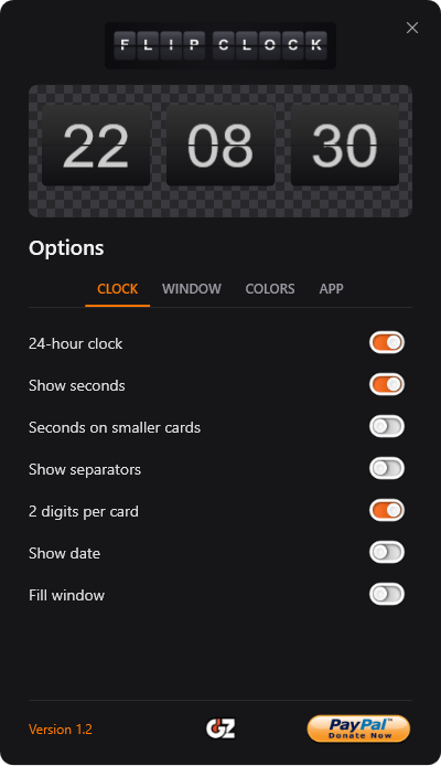Options window — Clock